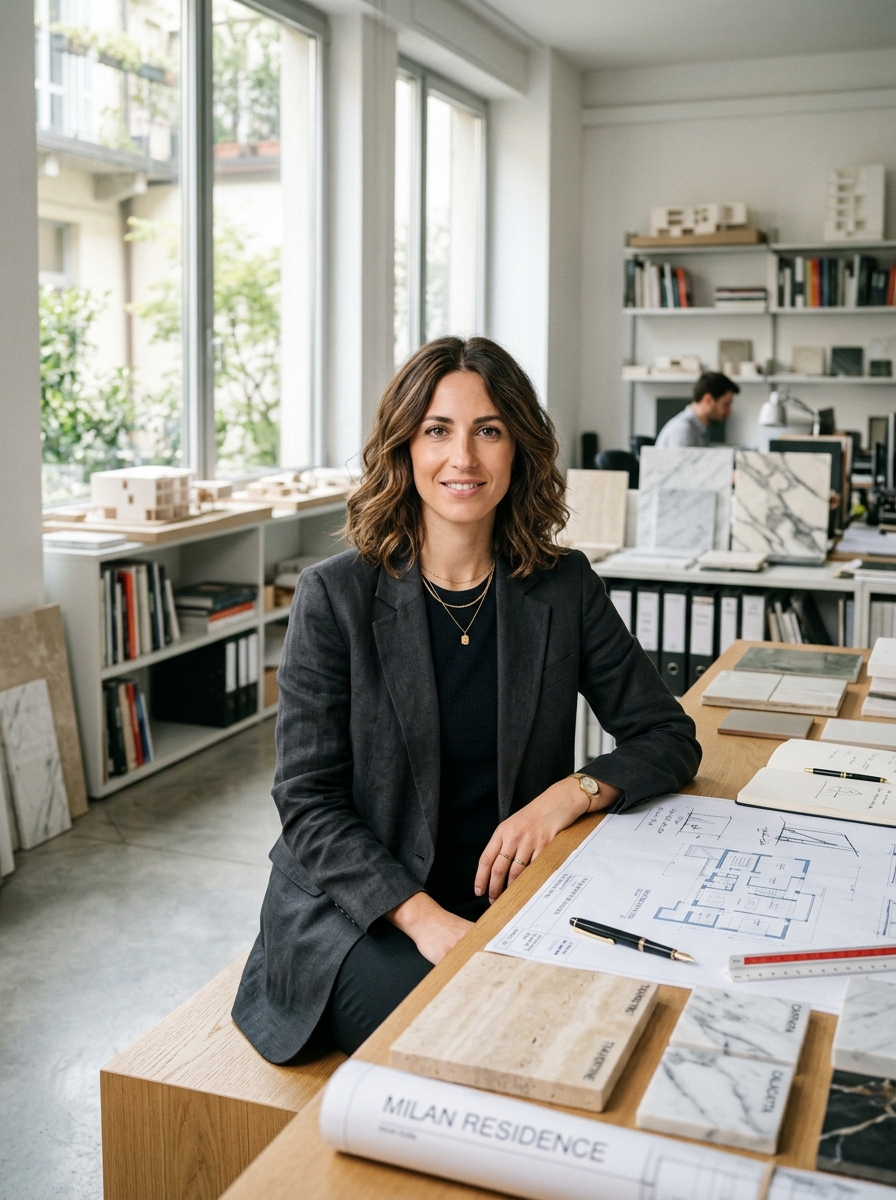 Arq. Vanessa Carofiglio - Arquitecta Titular de ROCCAFORTE STUDIO en su mesa de dibujo técnico